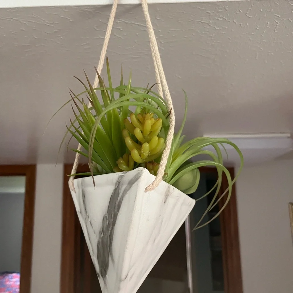 Marble Hanging Planter with Fake Green Succulent.